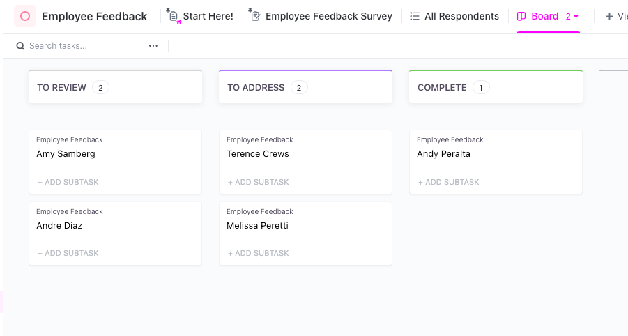 ClickUp Employee Feedback Form Template- Board view