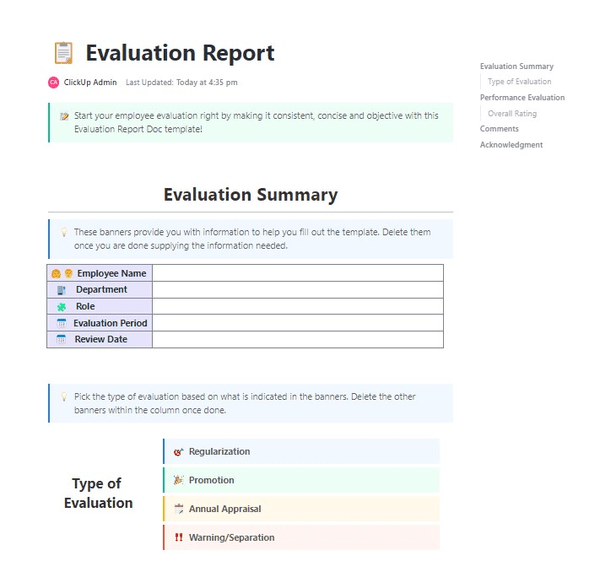 ClickUp Vorlage für Evaluationsbericht