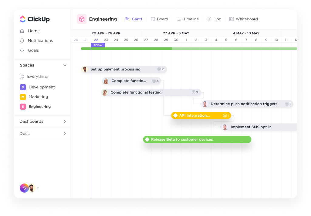 ClickUp Gantt view with tasks and dependencies