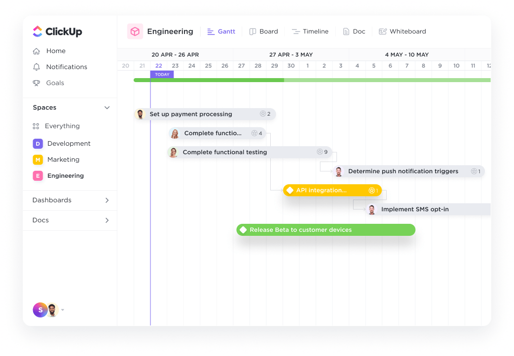 ClickUp vista Gantt con tareas y dependencias