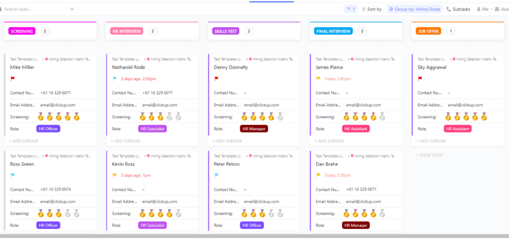 La plantilla de matriz de selección de personal de ClickUp está diseñada para ayudarle a organizar y realizar el seguimiento del proceso de contratación de nuevos empleados