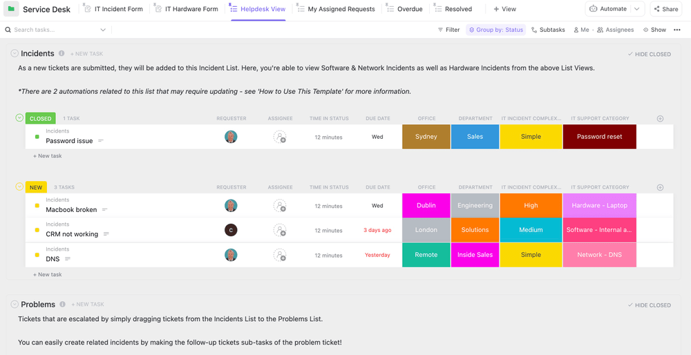 Plantilla ClickUp de Gestión de Servicios TI