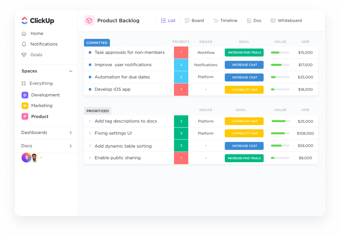 Exemplo de visualização da lista de pendências do produto do ClickUp