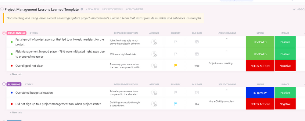 Fast-track improvements from past mistakes with ClickUp's Project Management Lesson Learned Template