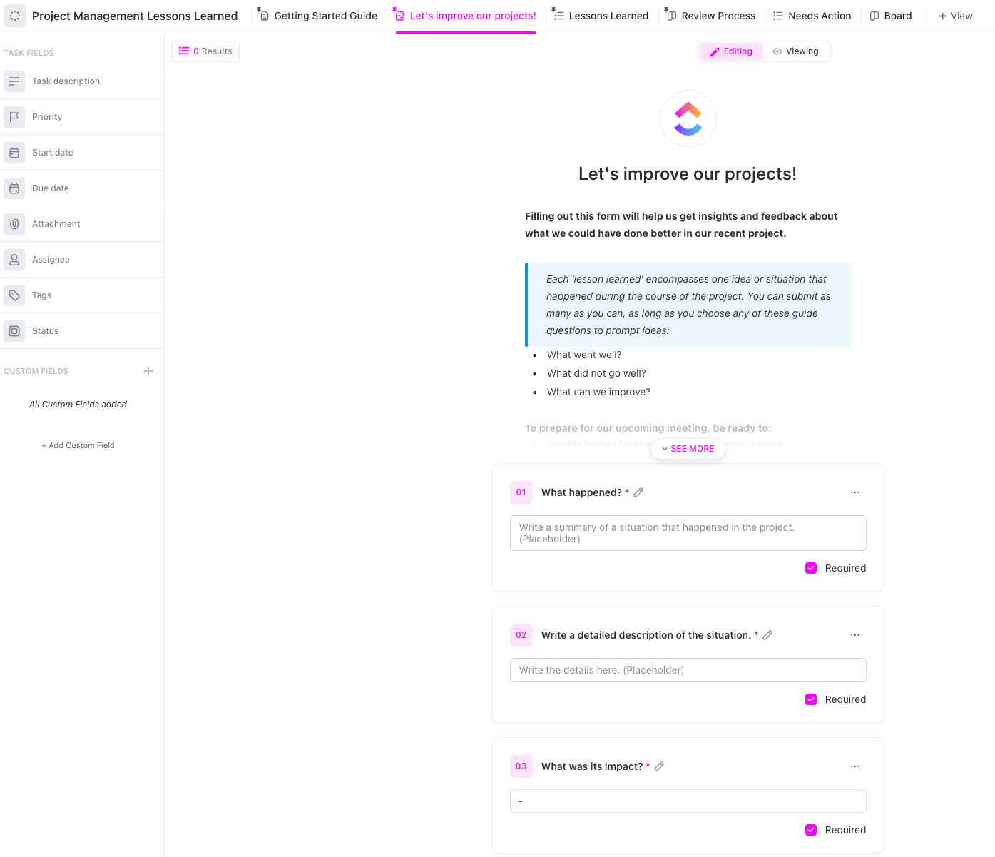 ClickUp Project Management Lessons Learned Template- Feedback Form view