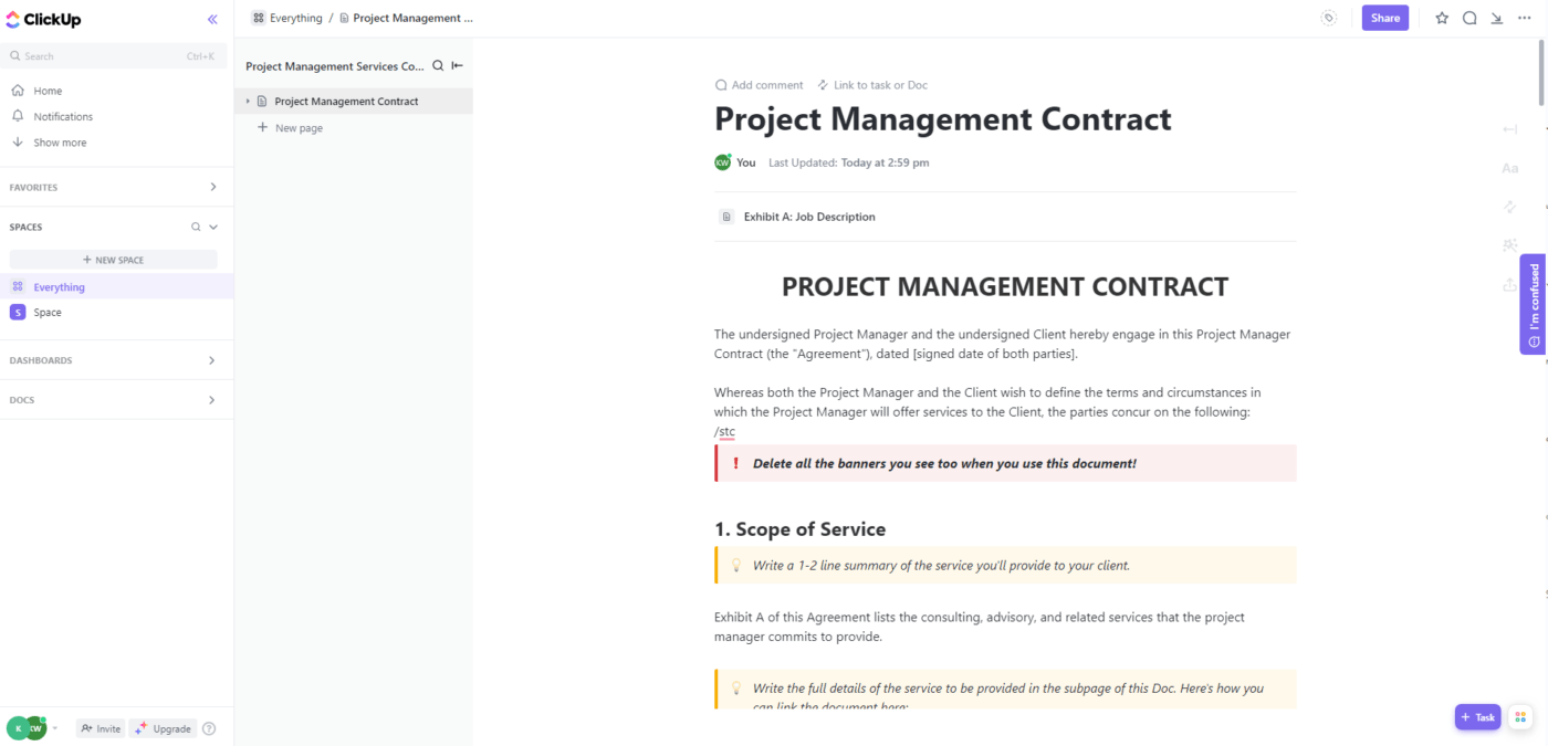 Modèle de contrat de services de gestion de projet ClickUp