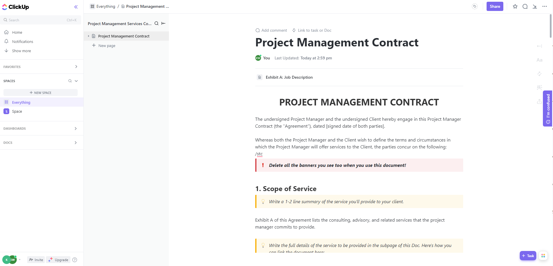 Use ClickUp’s Project Management Services Contract Template to cover legal details such as payments, liabilities, and more