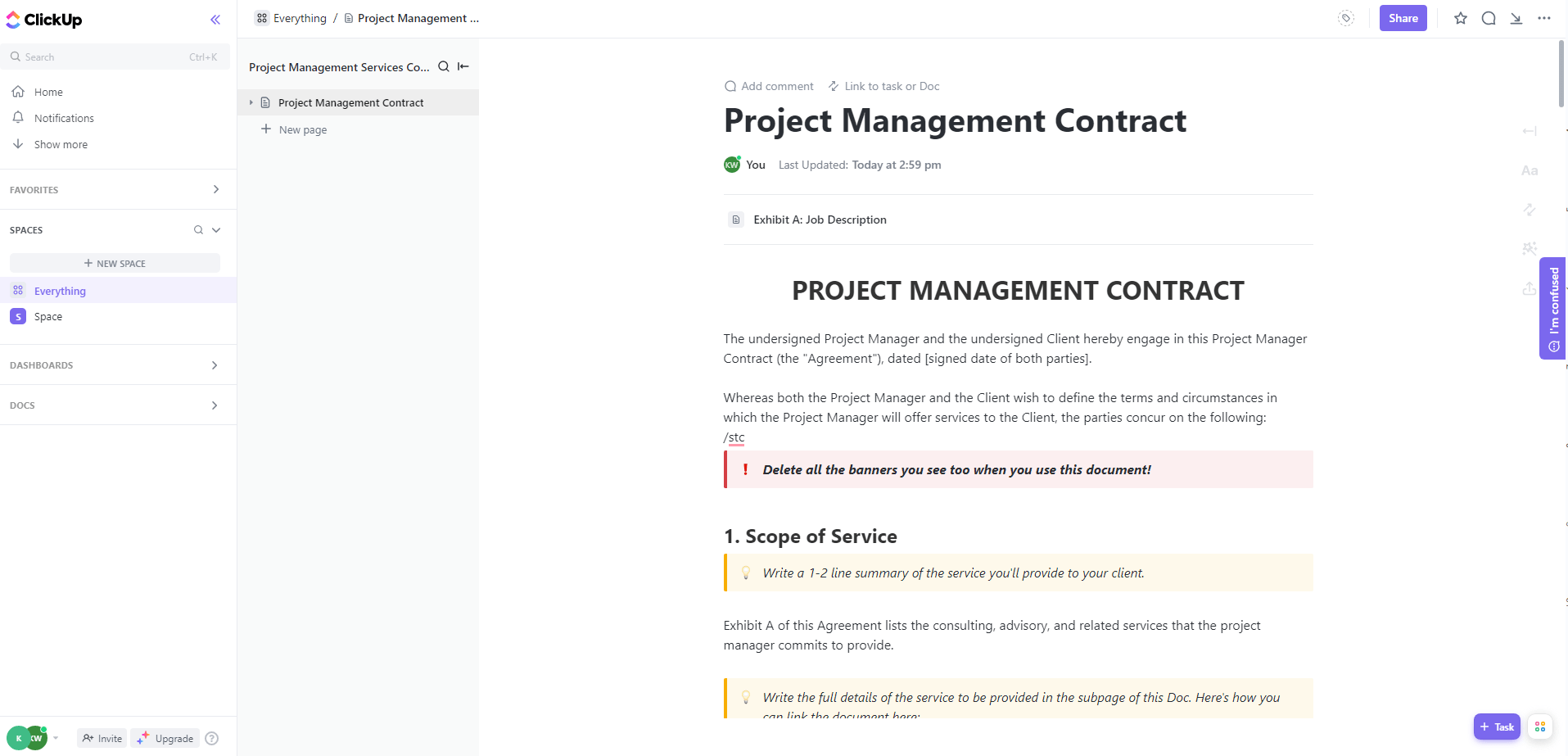 Gebruik ClickUp's sjabloon voor een contract voor projectmanagementdiensten om juridische details zoals betalingen, aansprakelijkheden en meer te regelen