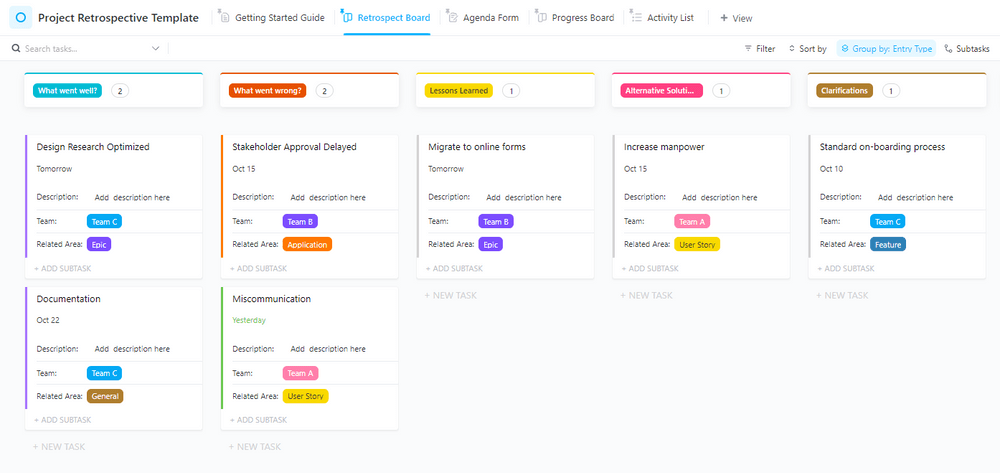 Modelo de retrospectiva do projeto ClickUp