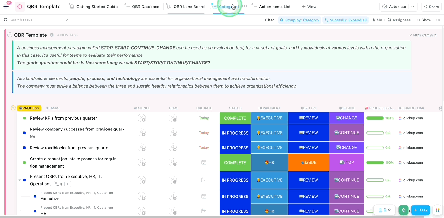 Modelo de QBR ClickUp por categoria (visualização de lista)