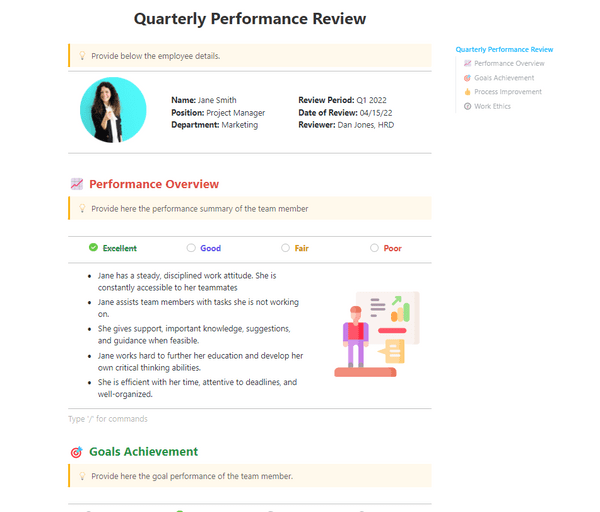 Assess your employees' performance and exchange feedback with ease using the ClickUp Quarterly Performance Review Template