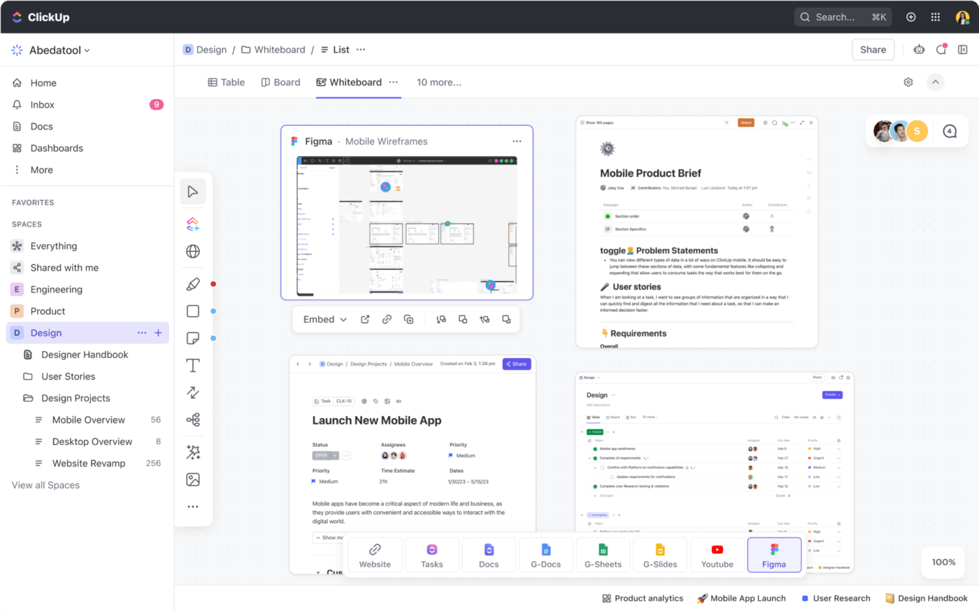 Task management skills: ClickUp Whiteboard embedded cards docs and lists