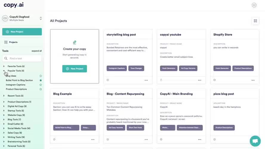 Generatore di contenuti IA: Copy.ai dashboard dei progetti