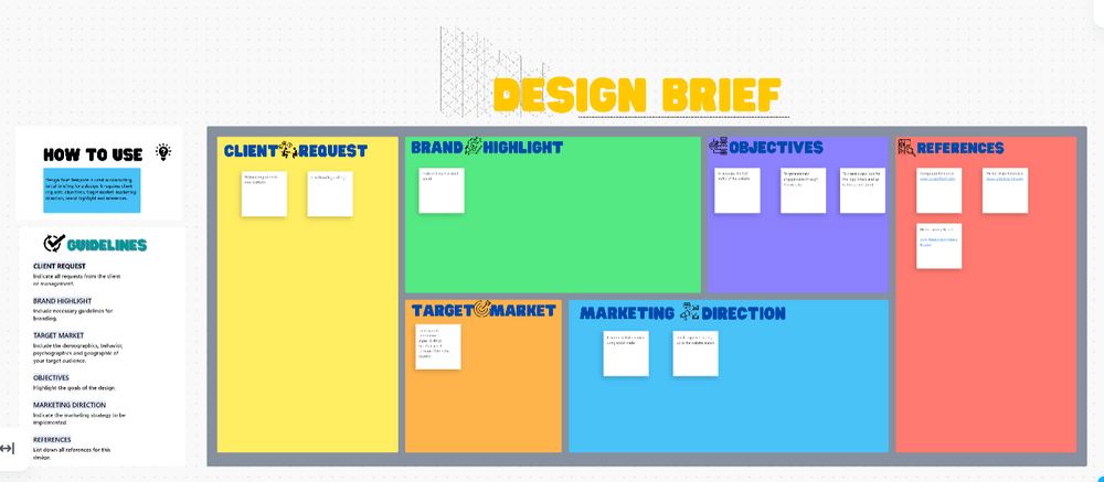 Templat Papan Tulis Singkat Desain digunakan dalam melakukan pengarahan awal untuk sebuah desain. Isi dan bagikan detail tentang proyek desain dengan mudah seperti permintaan klien, tujuan, dan lainnya