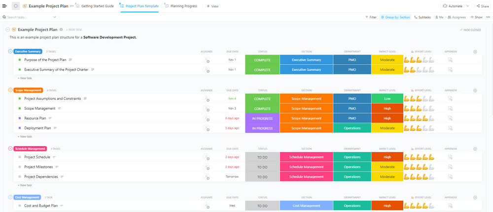 Example Project Plan Template by ClickUp