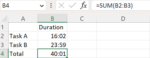 Example of combining times that equal more than 24 hours