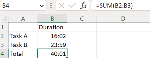 Ejemplo de combinación de tiempos iguales a más de 24 horas