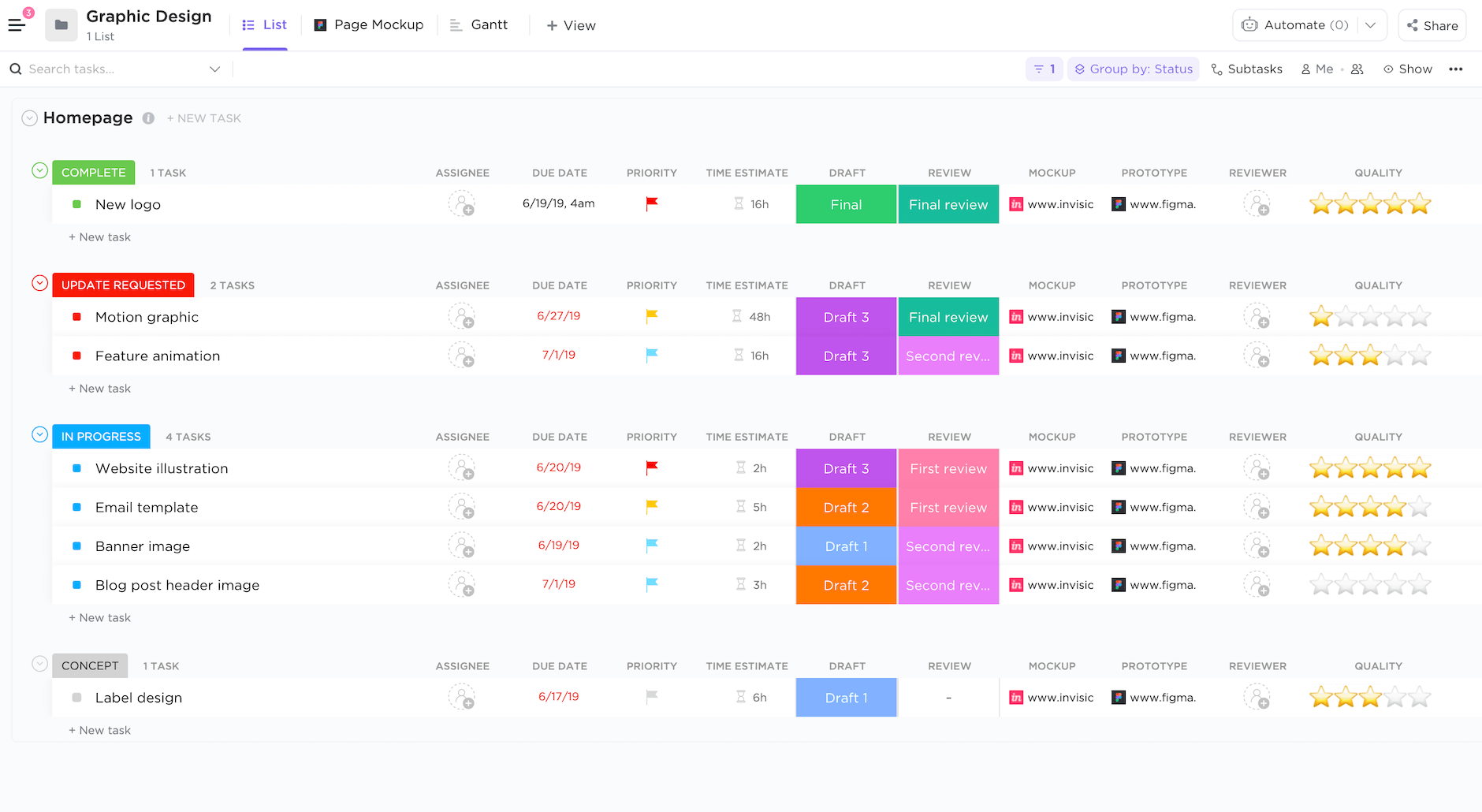 Il modello Graphic Design di ClickUp è dotato di tre visualizzazioni personalizzate che aiutano a semplificare il processo di progettazione grafica dall'inizio alla fine