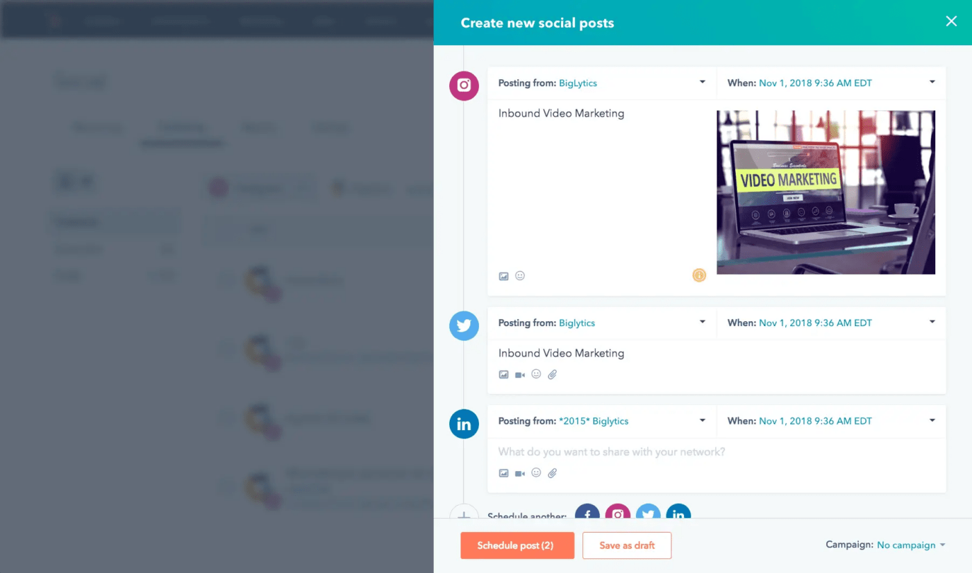 Esempio di finestra In arrivo di HubSpot Social