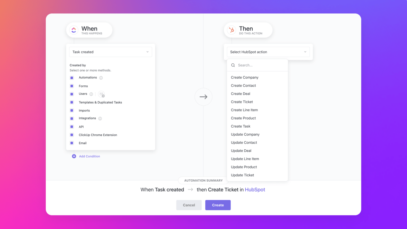 A integração do Hubspot ClickUp permite que você crie automação personalizada no ClickUp para automatizar processos manuais e criar um fluxo de trabalho contínuo