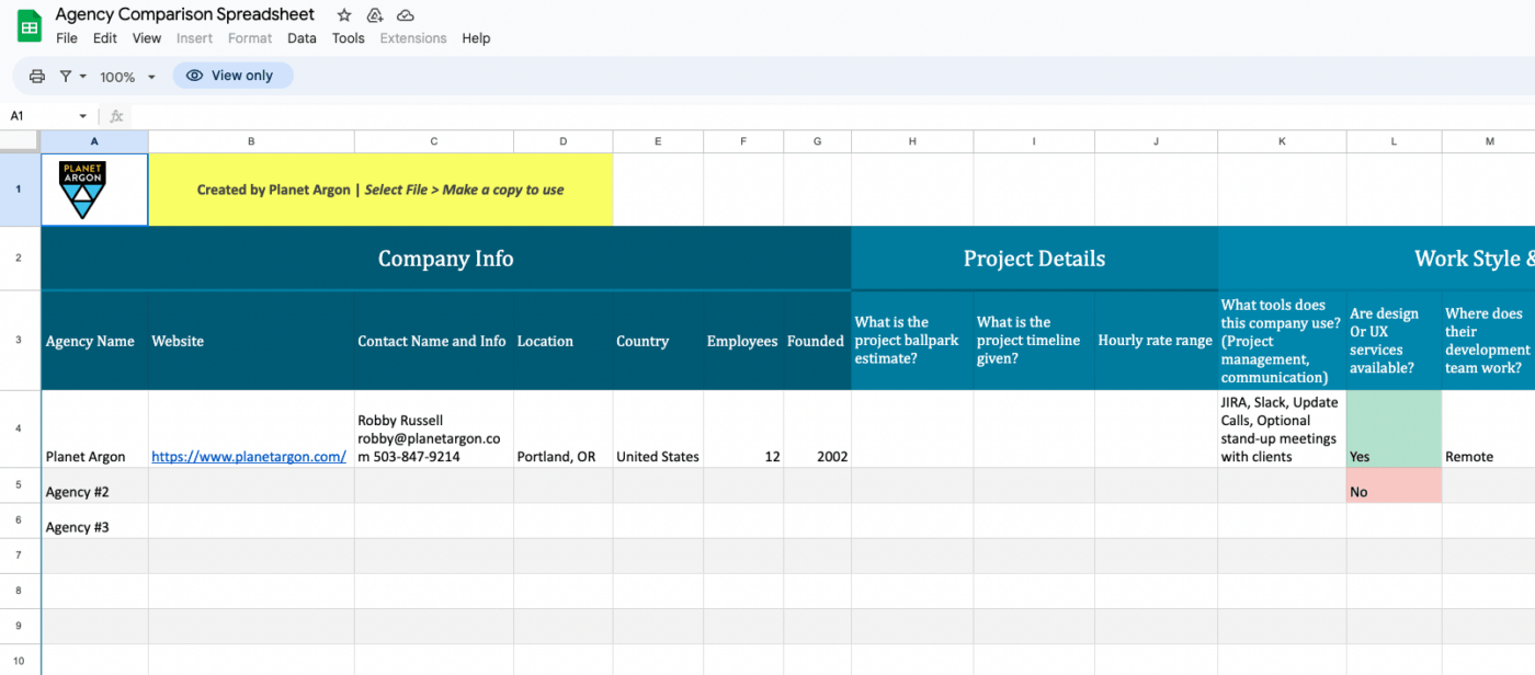 Modelo de planilha de comparação de agências do Planet Argon no Google Sheets