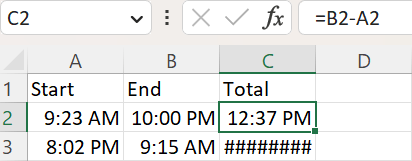 Exemplo de formato de hora do mesmo dia no Excel