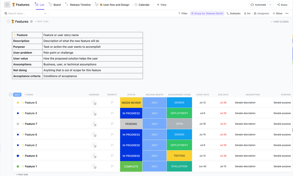 Pen down your product's requirements with ClickUp's ready-to-use Product Requirement Template