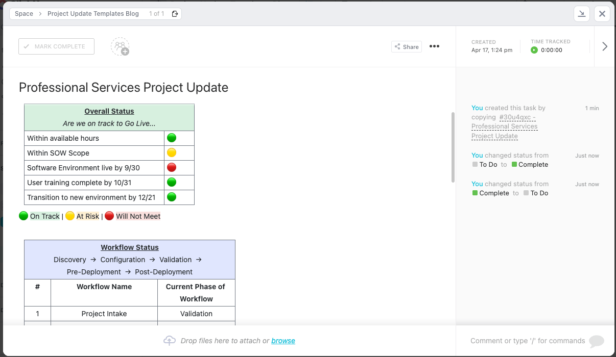 Szablon aktualizacji projektu usług profesjonalnych ClickUp