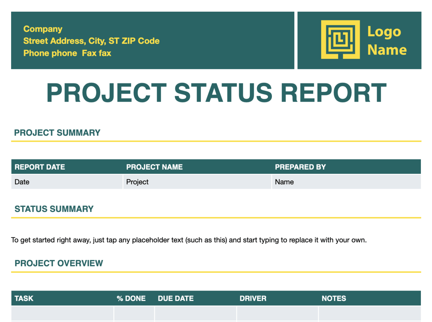 Project Status Template for Word via Microsoft 365