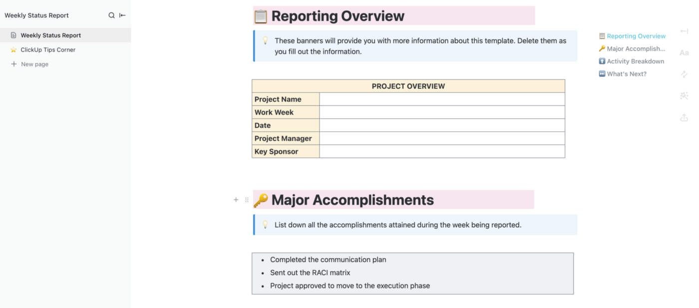 Weekly Status Report Template by ClickUp