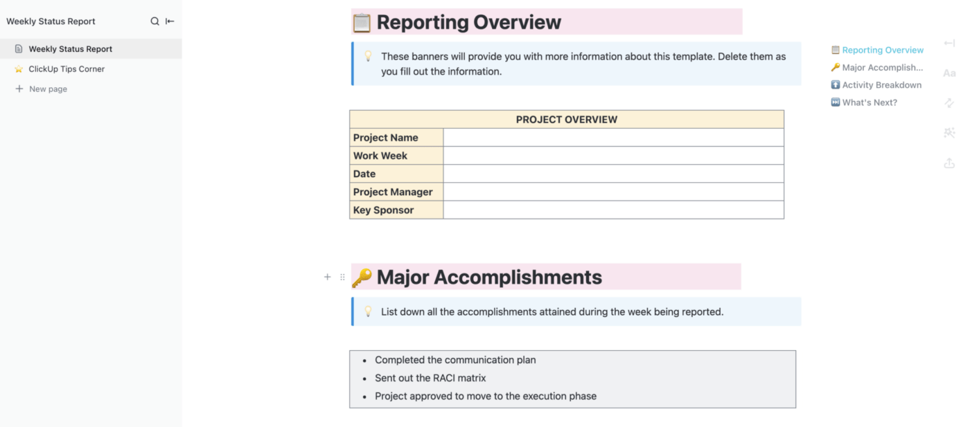 Sjabloon voor wekelijkse statusrapportage door ClickUp