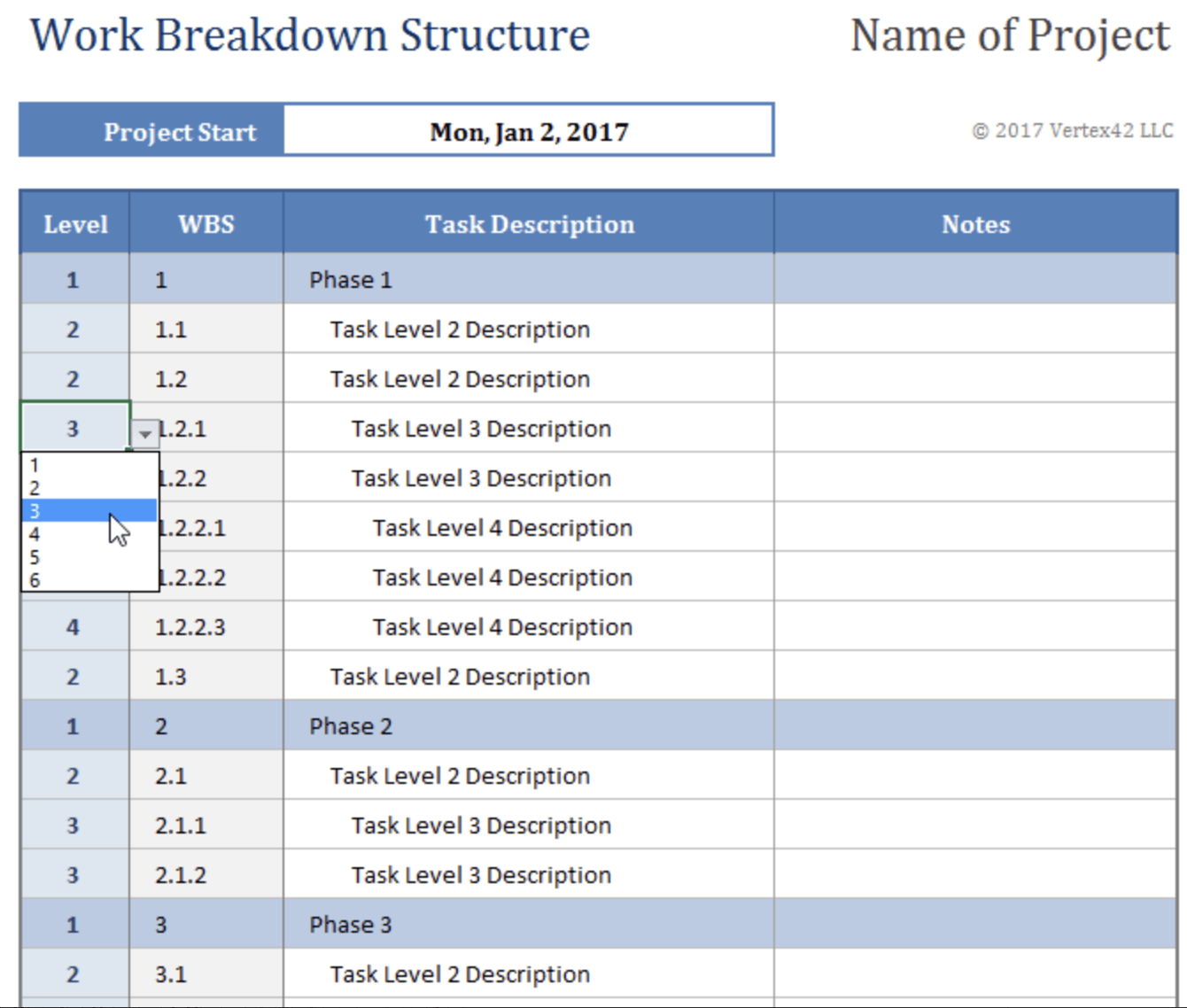 Plantilla Excel de Estructura de División del Trabajo por Vertex42