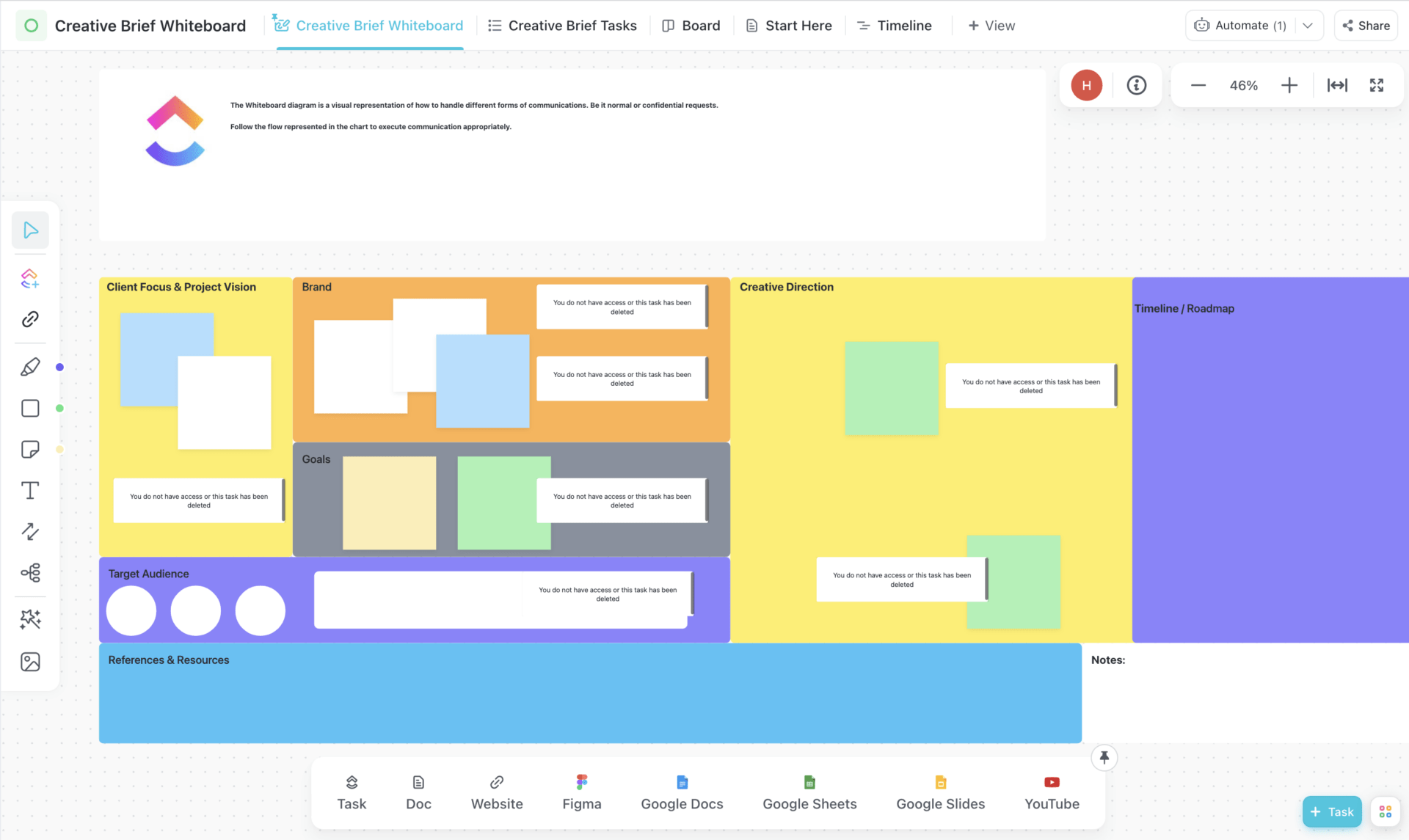 Use the ClickUp Creative Brief Whiteboard Template as a collaborative workspace for creative project planning