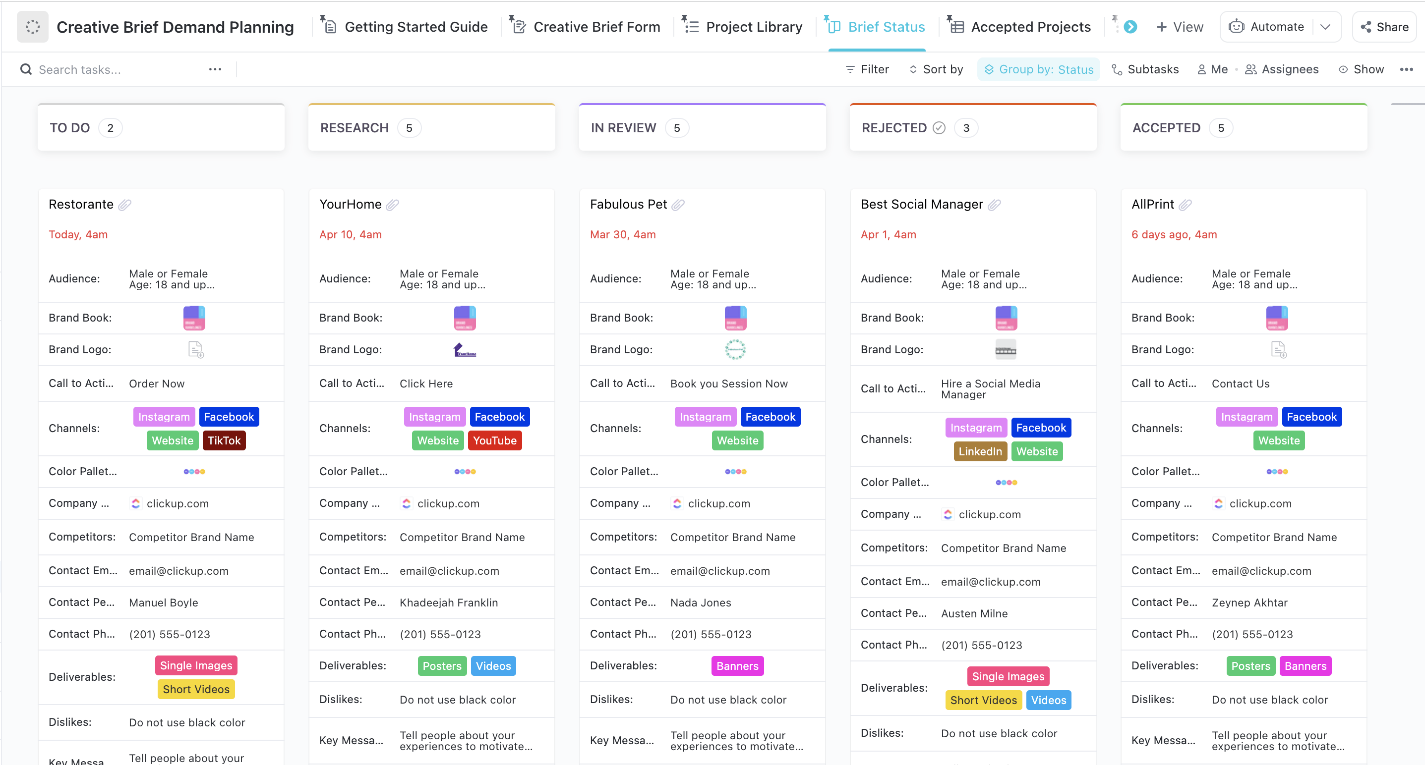 Kreative Briefvorlage für die Bedarfsplanung von ClickUp