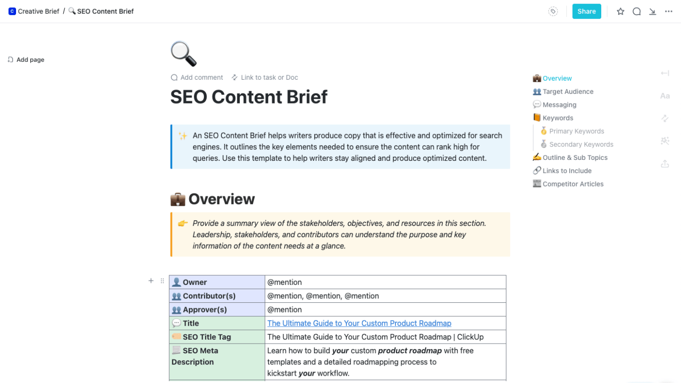 Sjabloon voor SEO-inhoud door ClickUp om het aanmaken van content te automatiseren