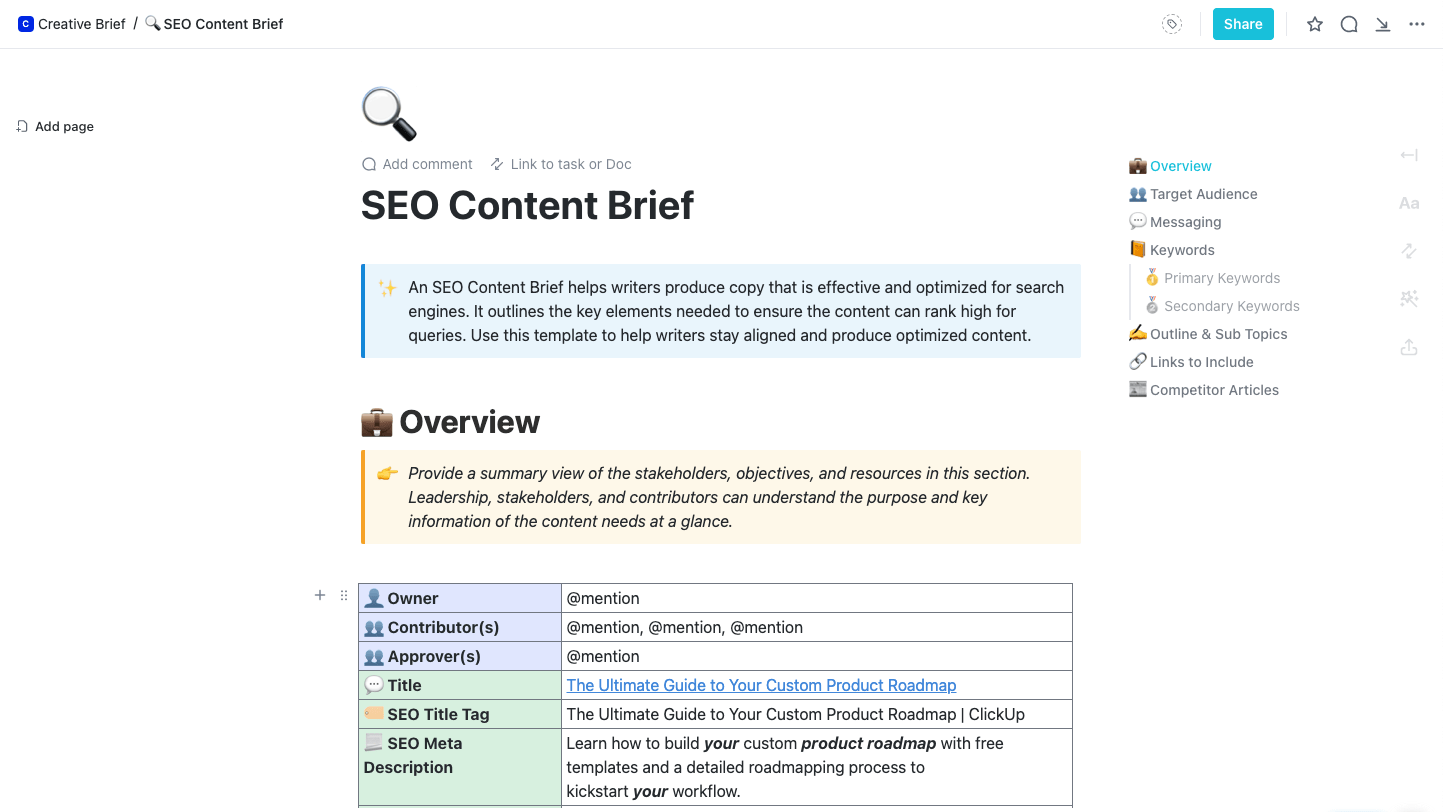 SEO Content Brief Template by ClickUp  