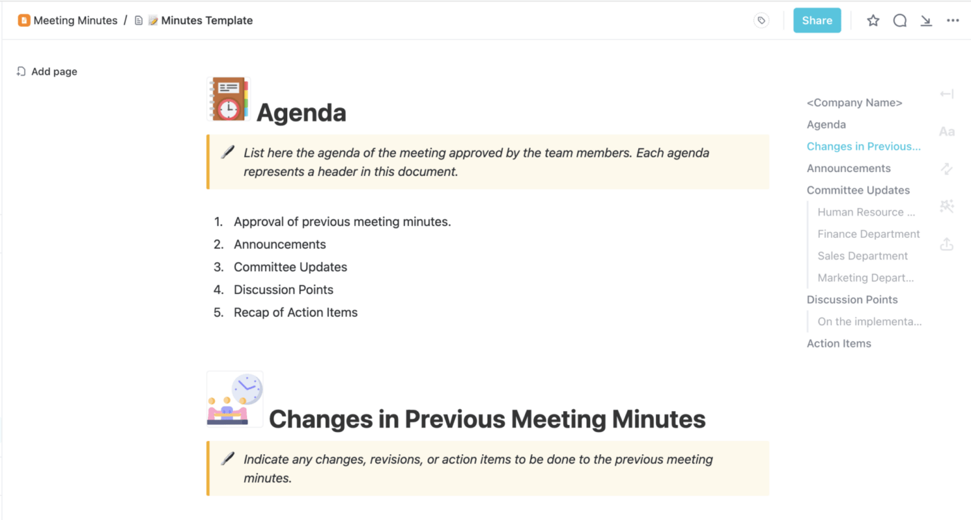 Meeting Minutes Doc Vorlage von ClickUp