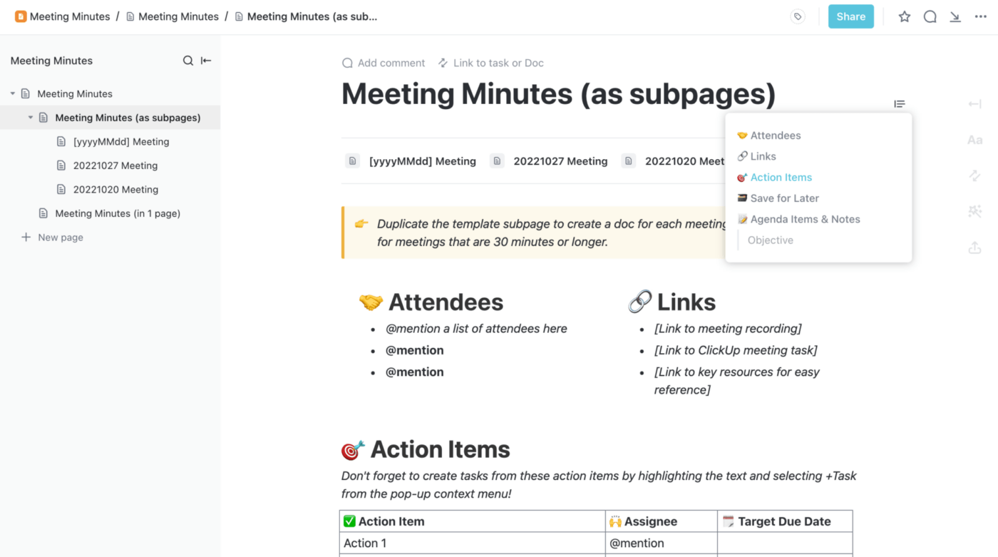 Meeting notes templates: ClickUp Meeting Minutes Template