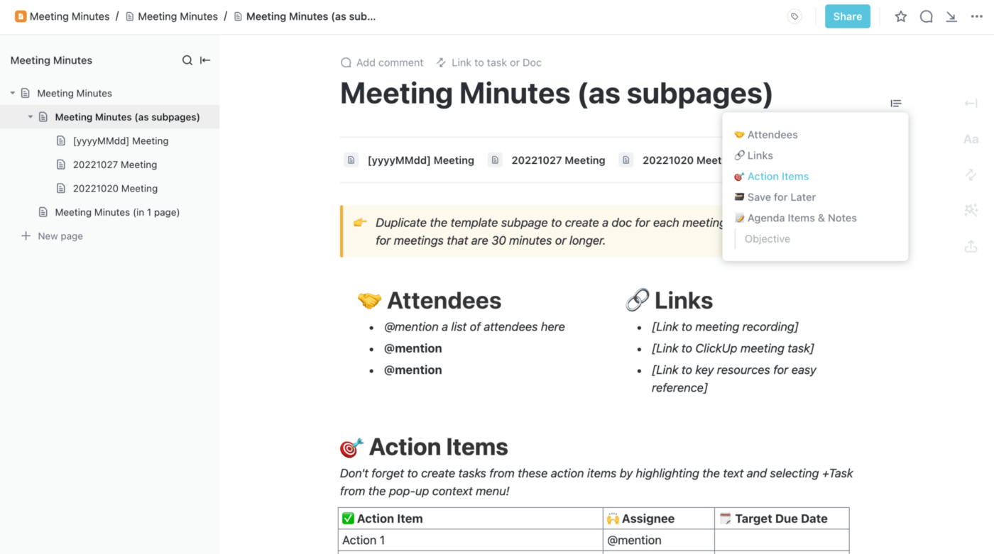 Meeting Minutes Framework Vorlage von ClickUp