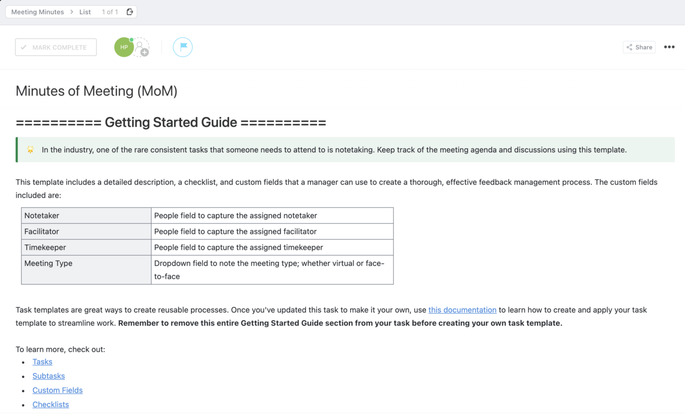 Minutes of Meeting (MoM) Template by ClickUp