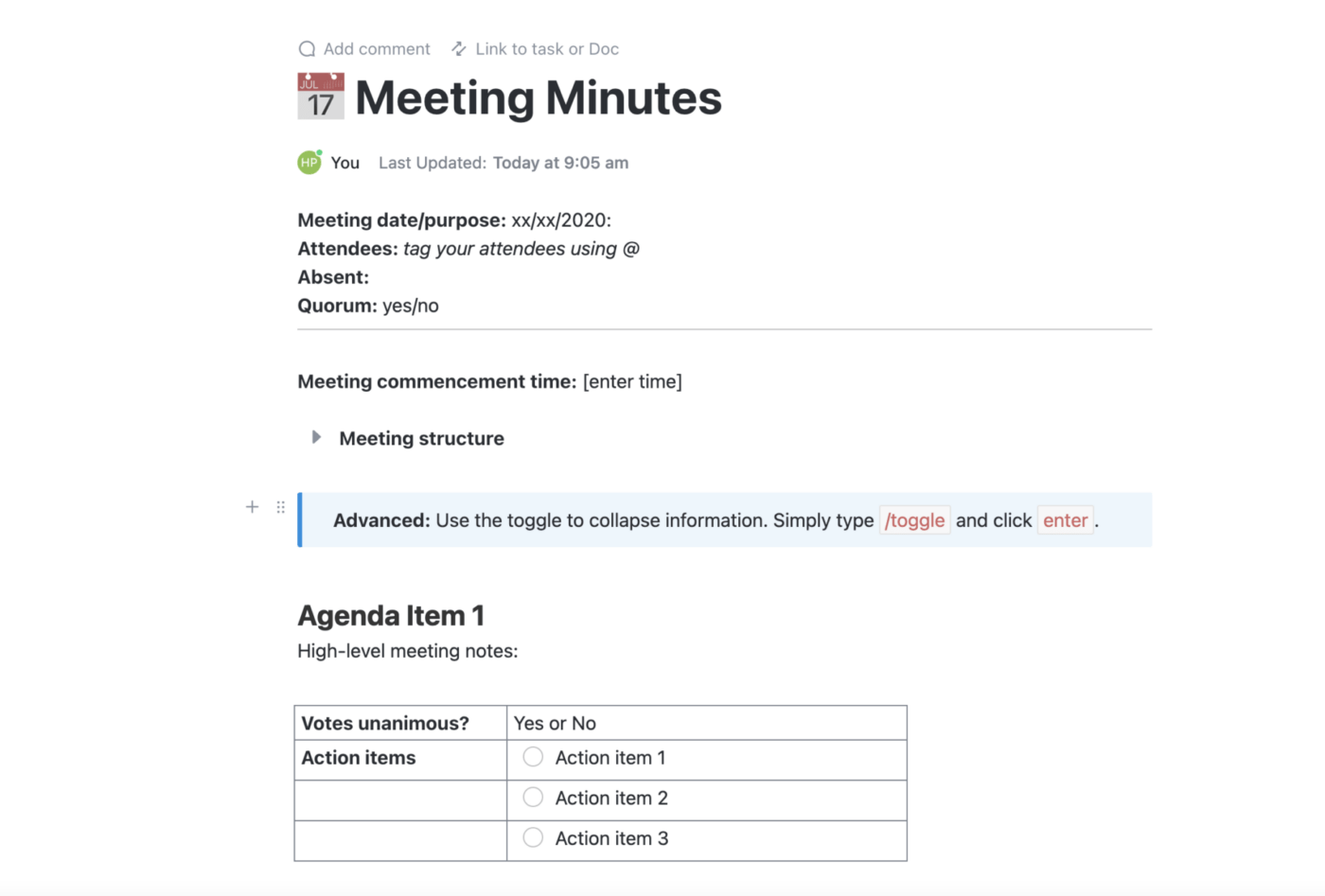 Board of Directors Meeting Minutes Template by ClickUp