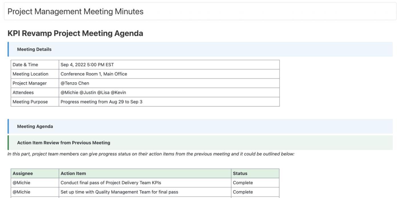 mocha project management meeting notes template