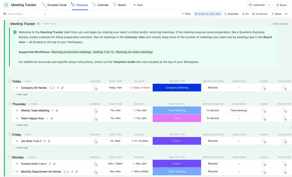 Monitore várias reuniões individuais com facilidade com o modelo ClickUp Meeting Tracker