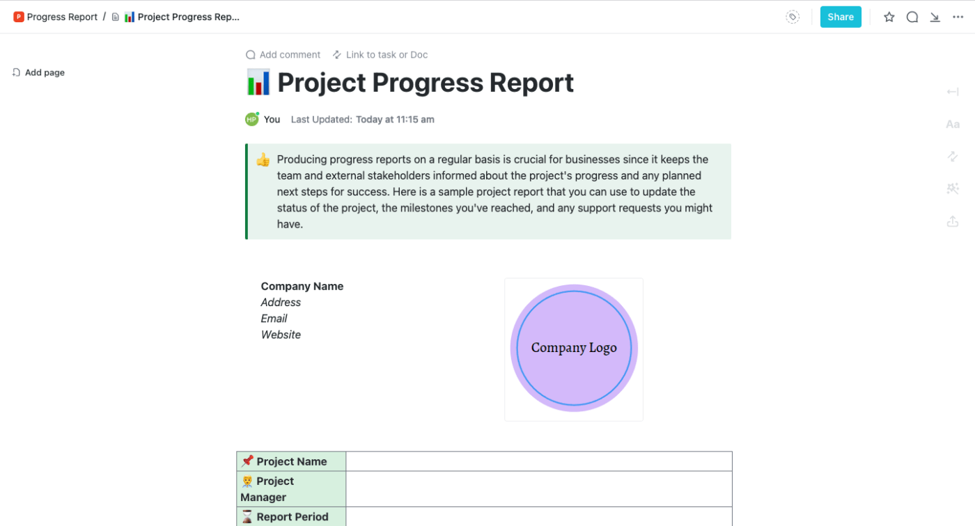 Progress Report Template by ClickUp