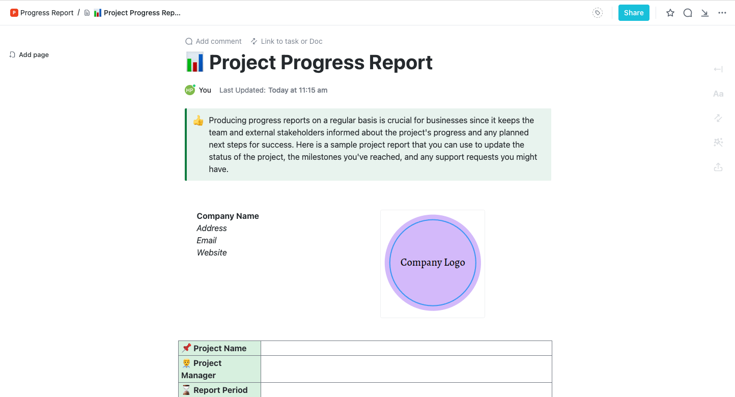 Plantilla de informe de progreso de ClickUp