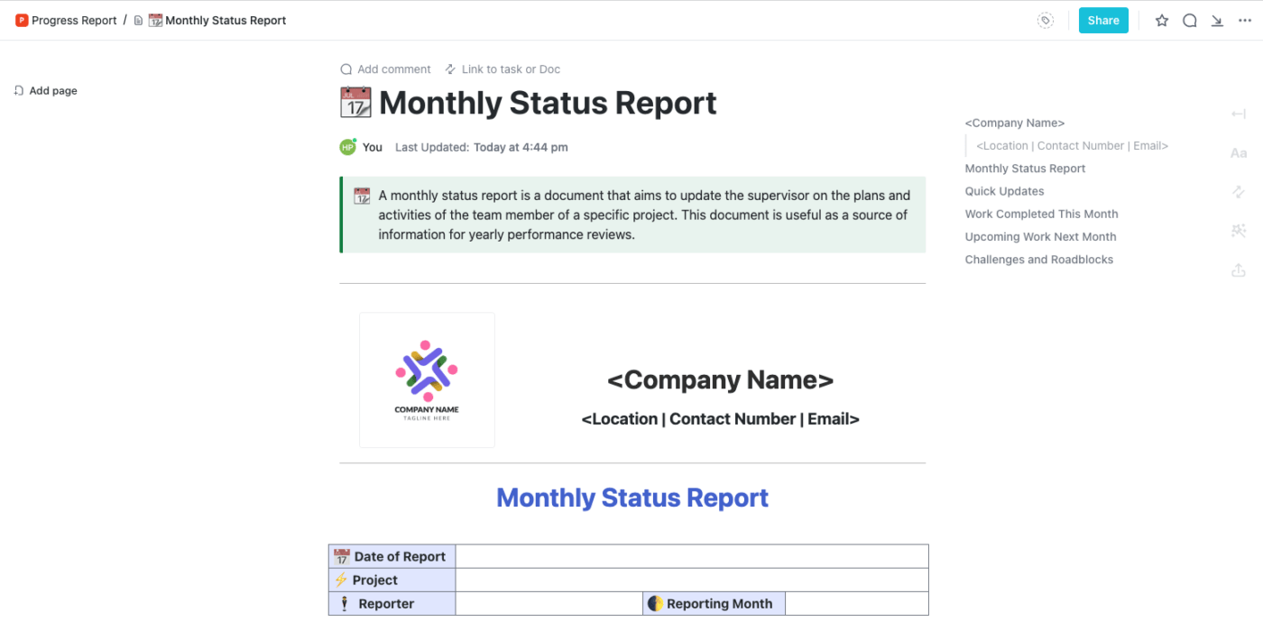 Monthly Business Status Report Template by ClickUp