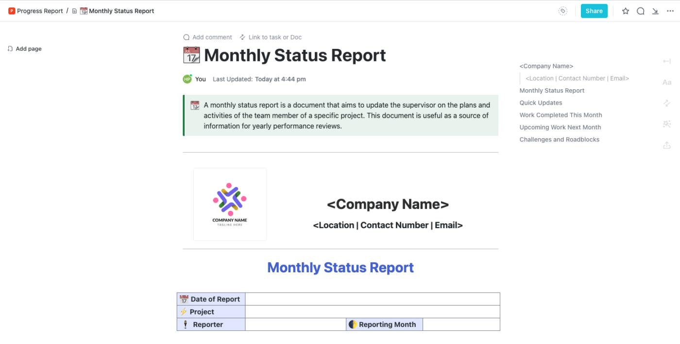 Maandelijks bedrijfsstatus rapport Sjabloon door ClickUp