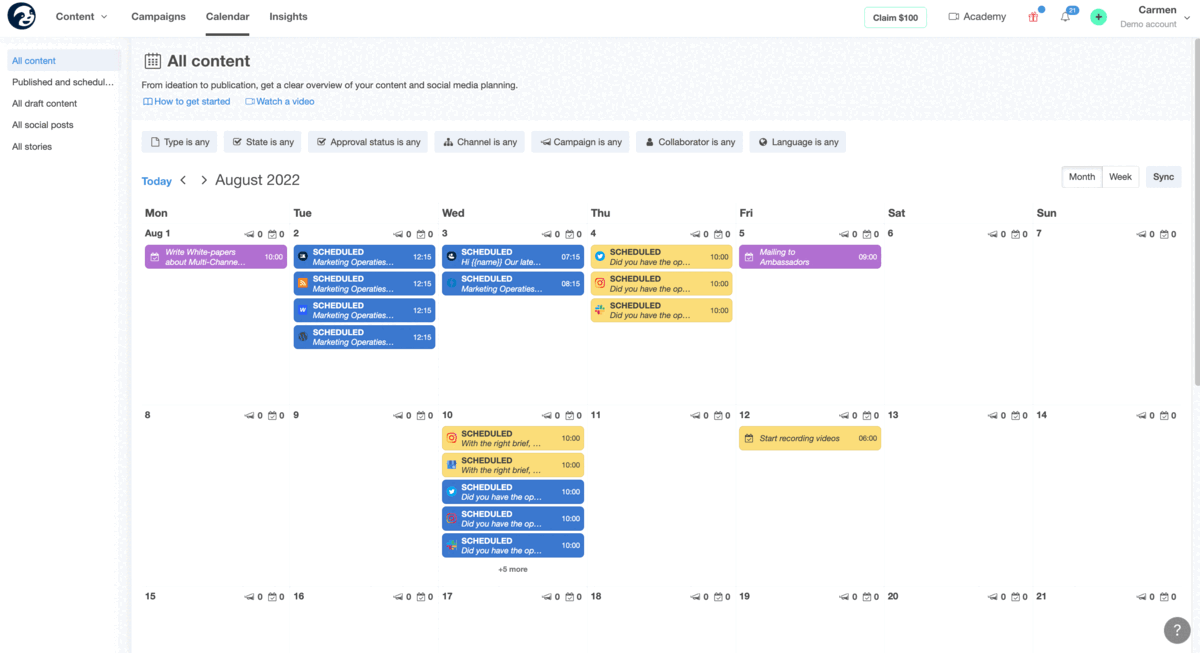 Esempio di visualizzazione del Calendario di StoryChief