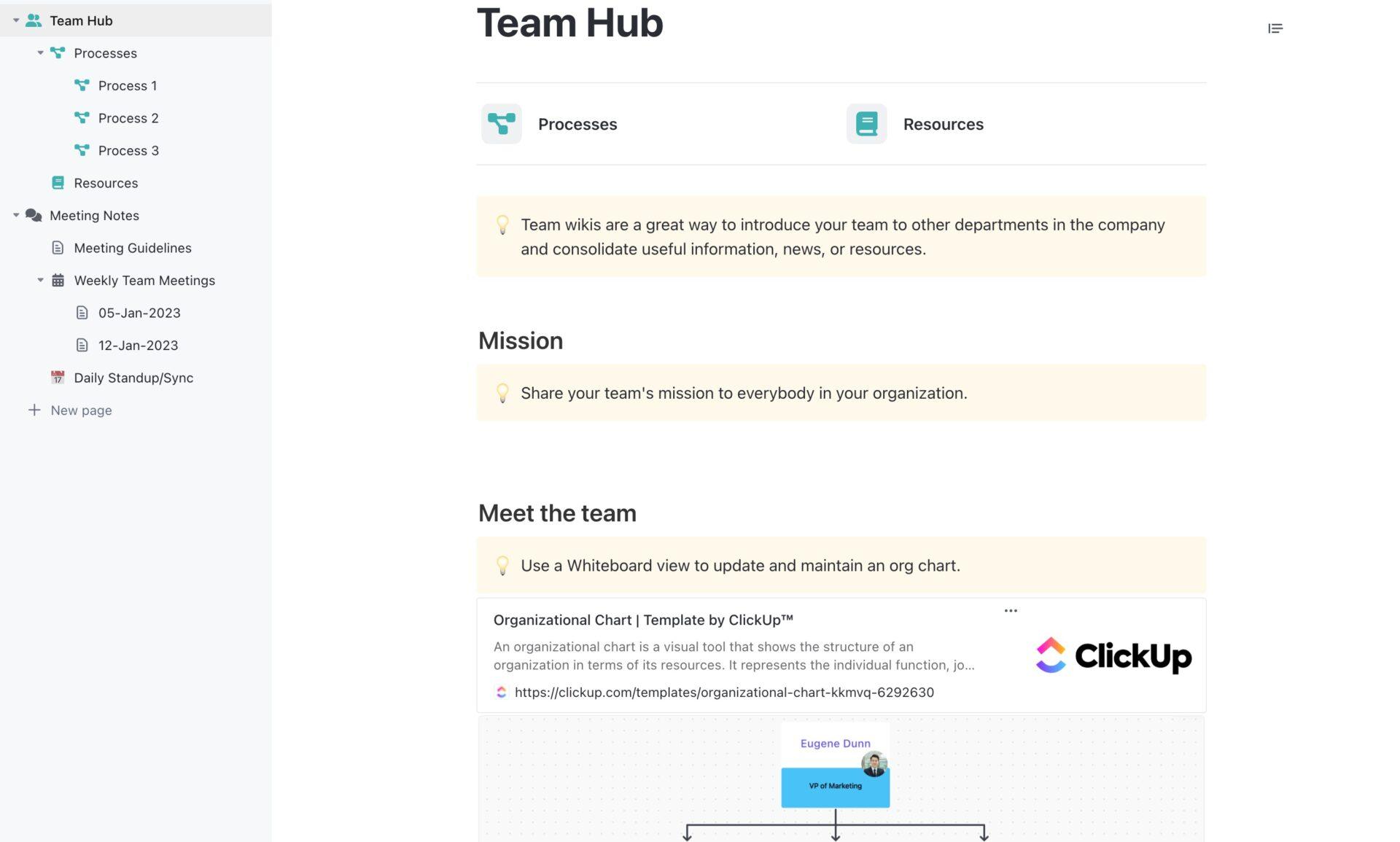 Use Team Docs Template in ClickUp to streamline core team documents and improve accessibility within projects