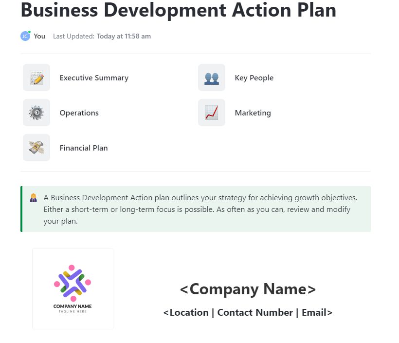 ClickUp Business Development Plan Template (modèle de plan de développement d'entreprise)